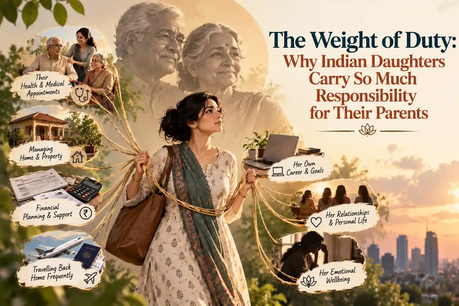 Indian daughter sitting beside her elderly parents, looking thoughtful about family responsibility
